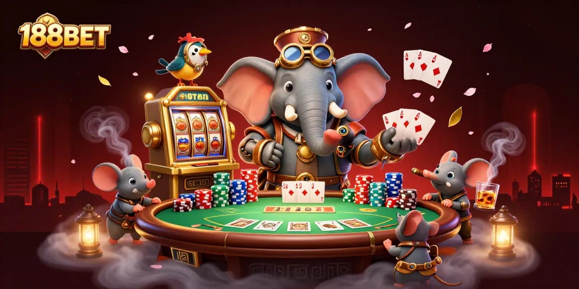 Experience thrilling gaming with 188BET as the steampunk elephant operates a golden slot machine.