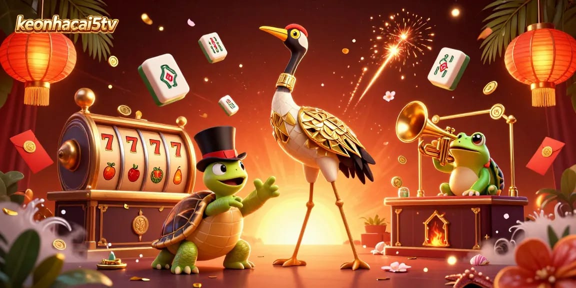 Experience the thrill of keonhacai5tv with a vibrant casino scene featuring lively characters and gambling elements.