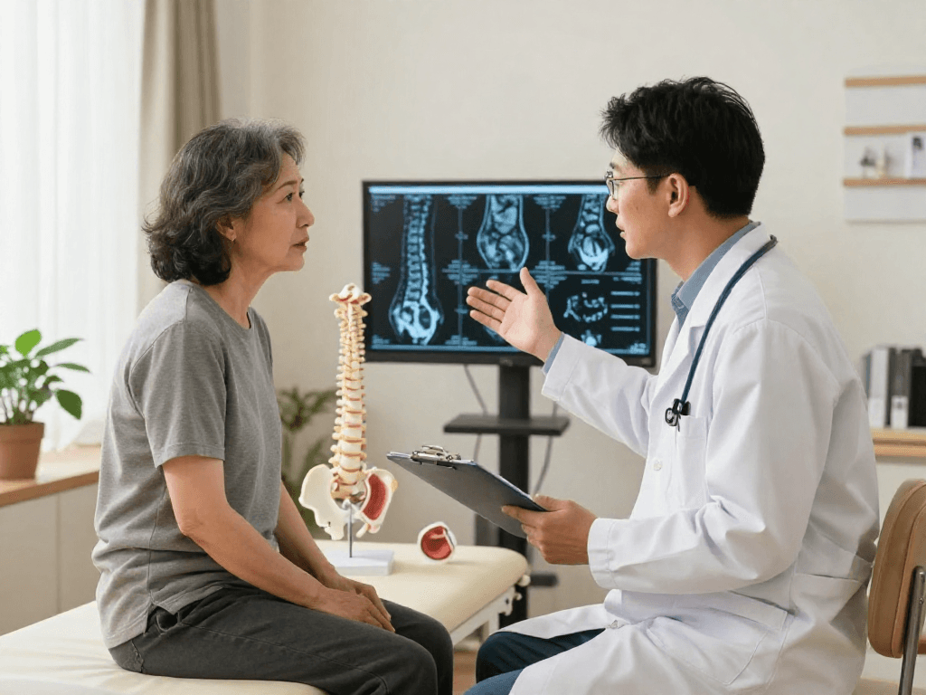 Discussion of Bel fıtığı ameliyatı options between doctor and patient in a modern clinic setting.
