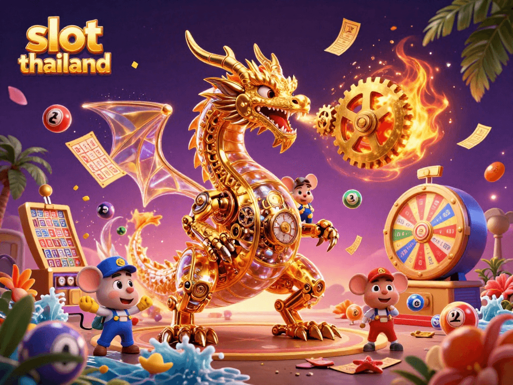 Experience thrilling gameplay with slot thailand featuring a dynamic golden dragon and colorful lottery elements.