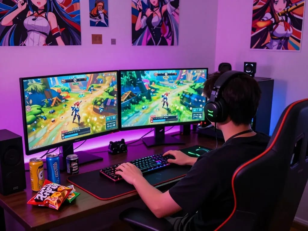 Player enjoying a vibrant hentai game on dual monitors in an energetic gaming setup