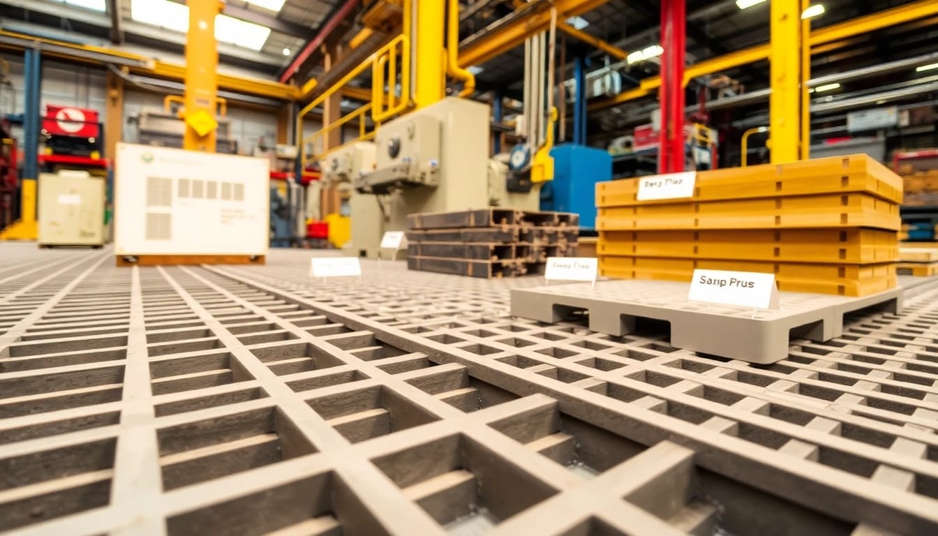 Showcase of GRP Grating Supplier's products in an industrial setting with clear details and lighting.