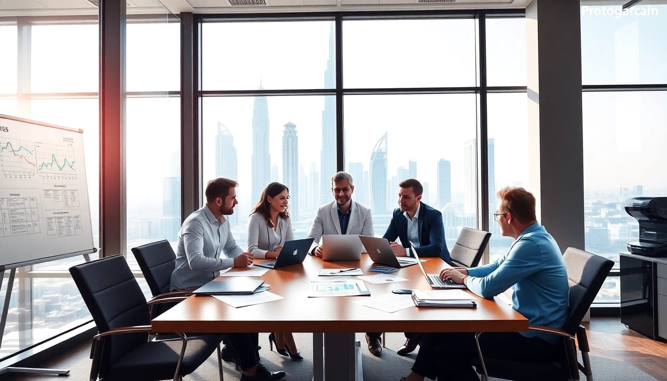 Engaged business consultants in Dubai analyzing strategies around a conference table.