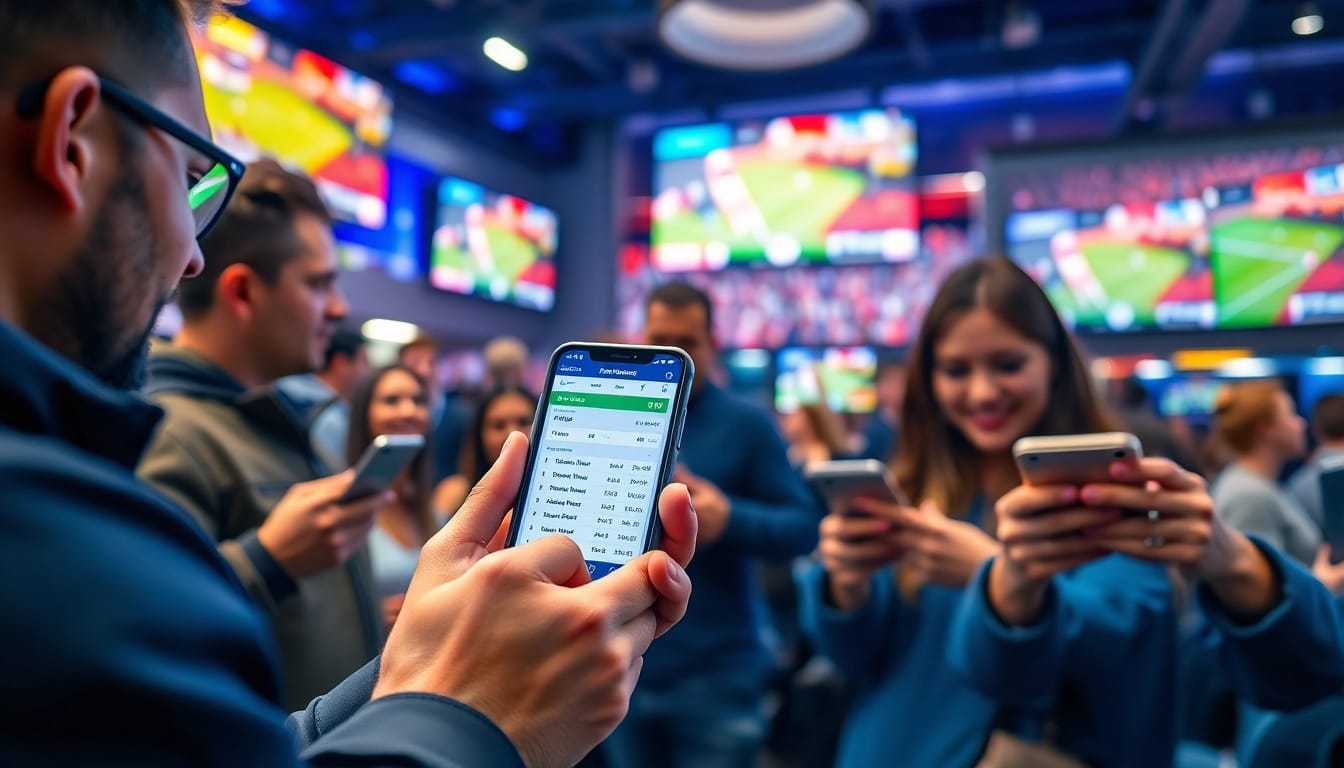 Engaging scene of athletes using sportsbooks in California for live betting in a vibrant environment.