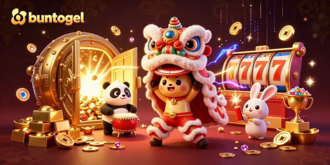 Buntogel offers engaging slot experiences with lively characters and sparkling treasures in a vibrant illustration.
