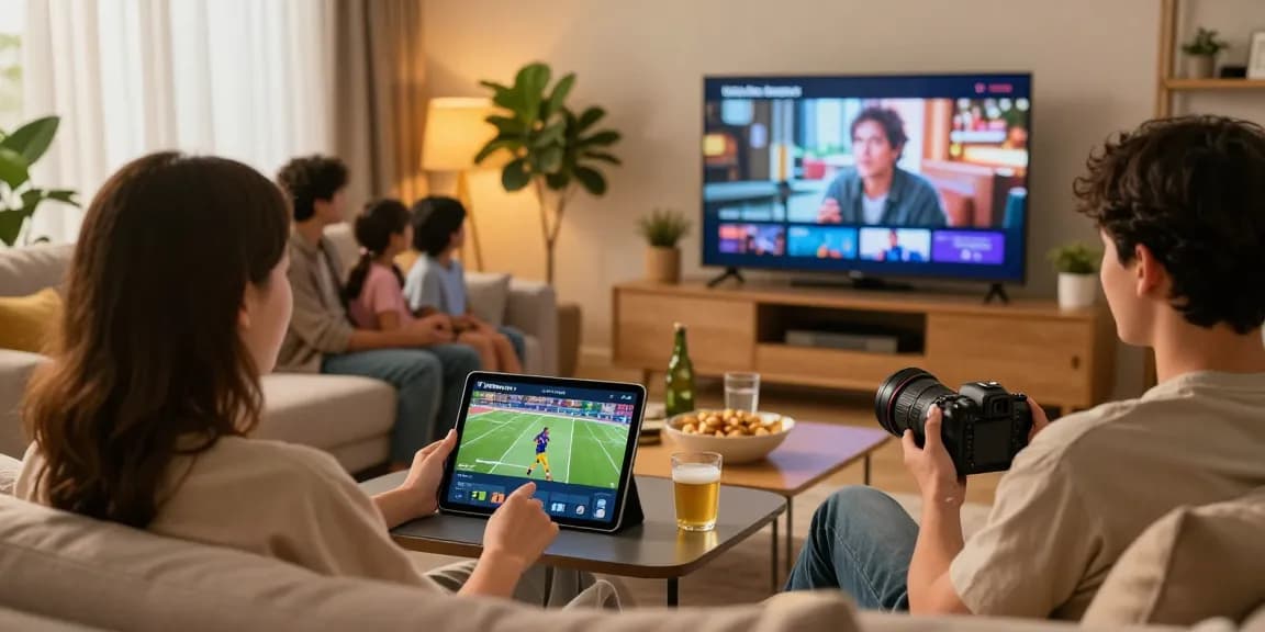 Streaming Pikashow with live sports on a tablet in a cozy living room.