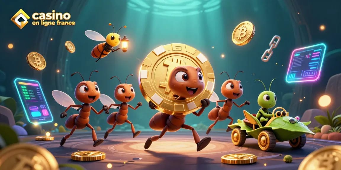 Découvrez le monde des jeux de casino en ligne France avec cette illustration dynamique des fourmis transportant un jeton de poker
