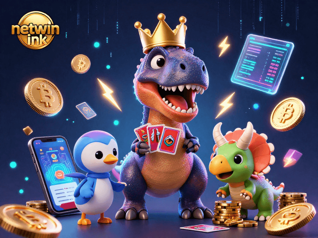 Engage with netwin ink's vibrant casino scene featuring a T-Rex shuffling cards alongside a pterodactyl and triceratops.