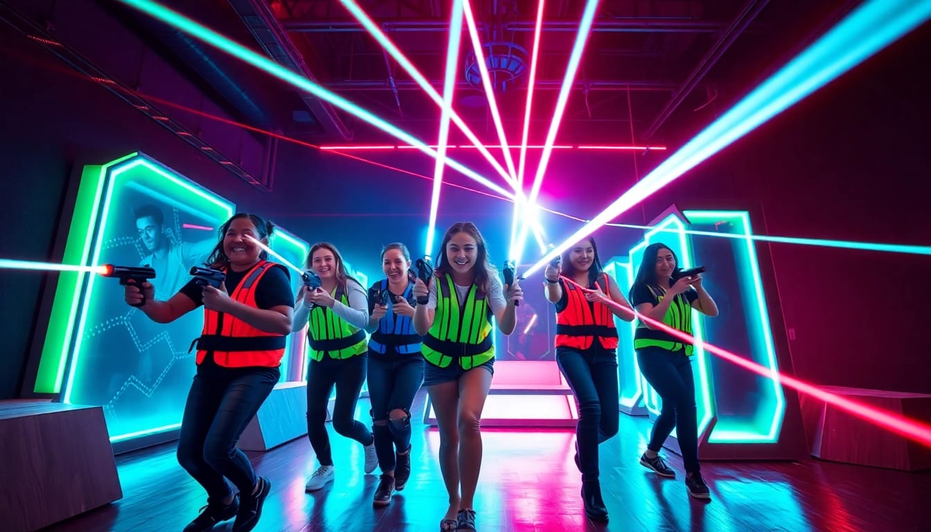 Friends play laser tag in a neon-lit arena, showcasing excitement and action.