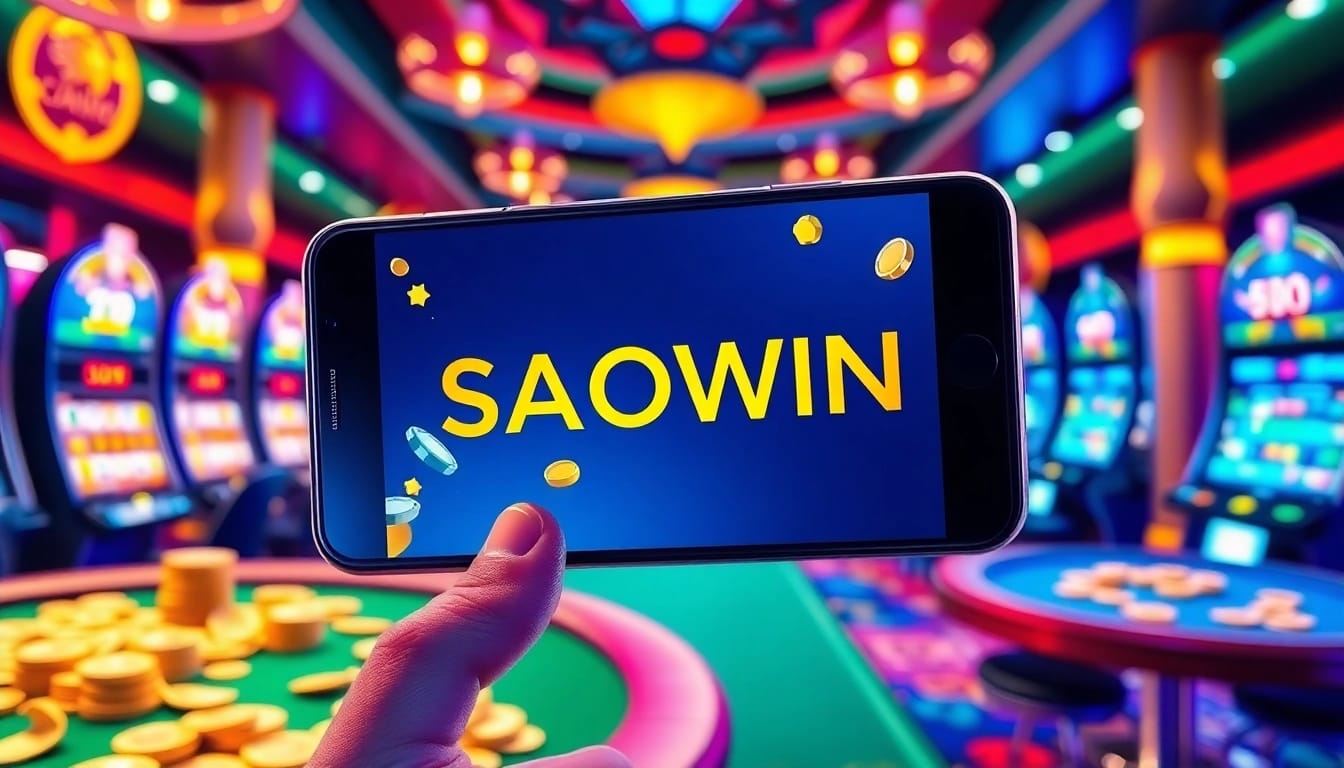 Trải nghiệm cảm giác phấn khích khi chơi game với Saowin APK được hiển thị trên điện thoại thông minh, đặt trong một môi trường sòng bạc sôi động.