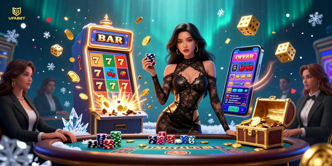 Experience the excitement of UFABET with this vibrant 3D illustration showcasing a glamorous casino atmosphere.