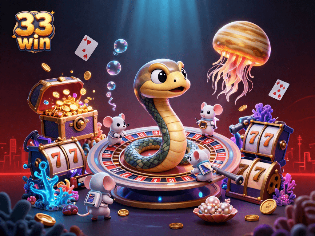 Bet on 33 win with vibrant cartoon casino scene featuring cosmic elements and slot symbols.