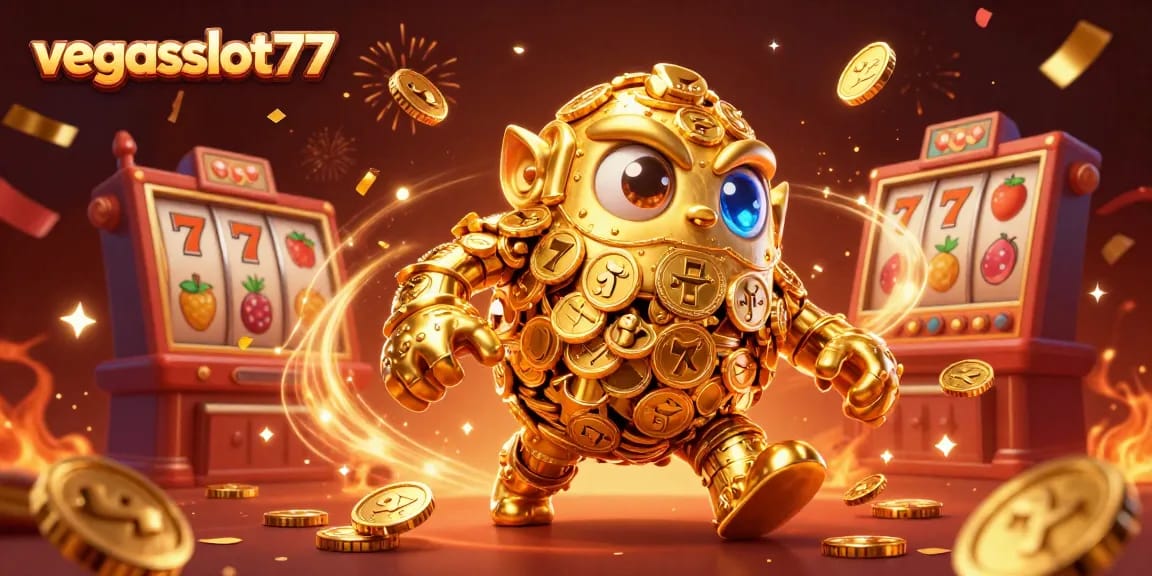 Experience the thrill of vegasslot77 with an energetic and dynamic 3D casino illustration showcasing golden golems and slot reels.