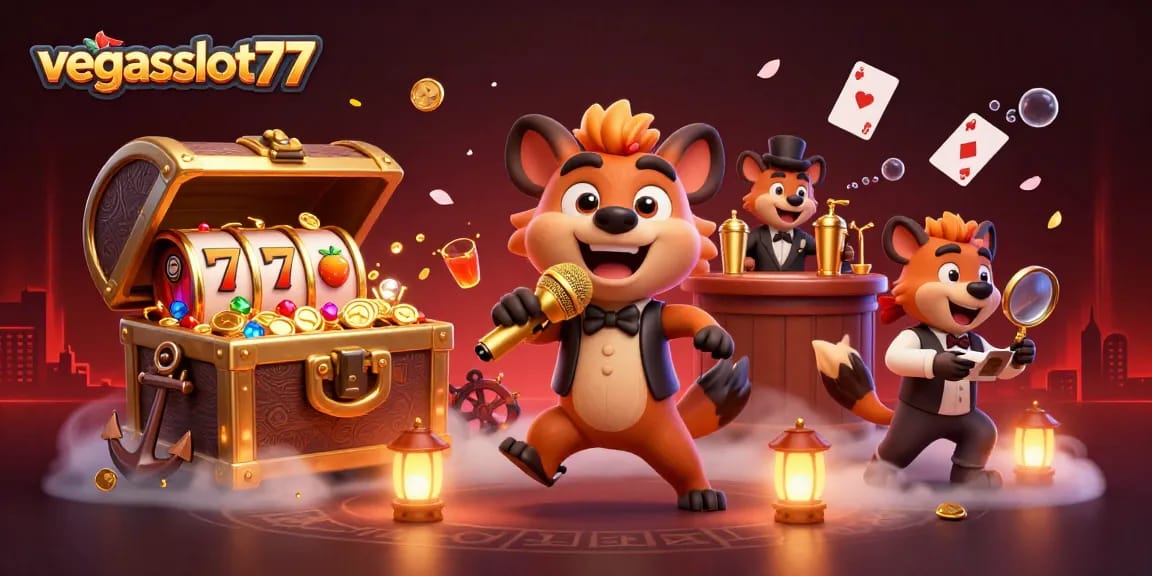 Experience the thrill of gaming at vegasslot77 with excited hyenas in a vibrant casino scene.