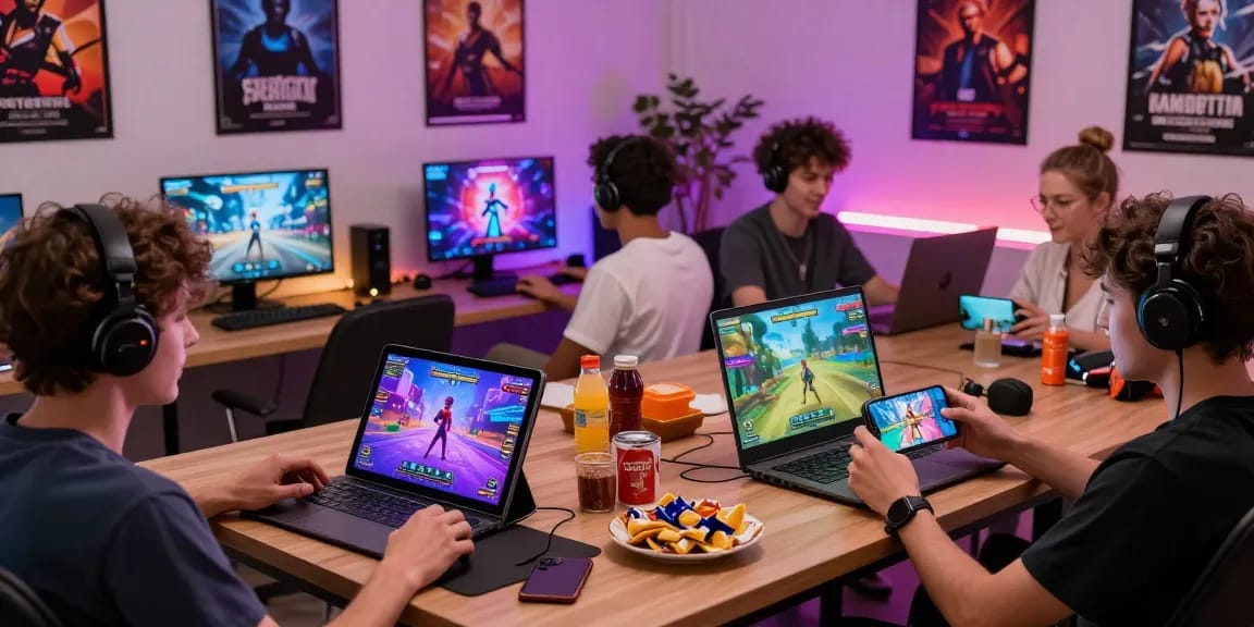 Engaged gamers playing porngame on various devices in a vibrant gaming lounge.