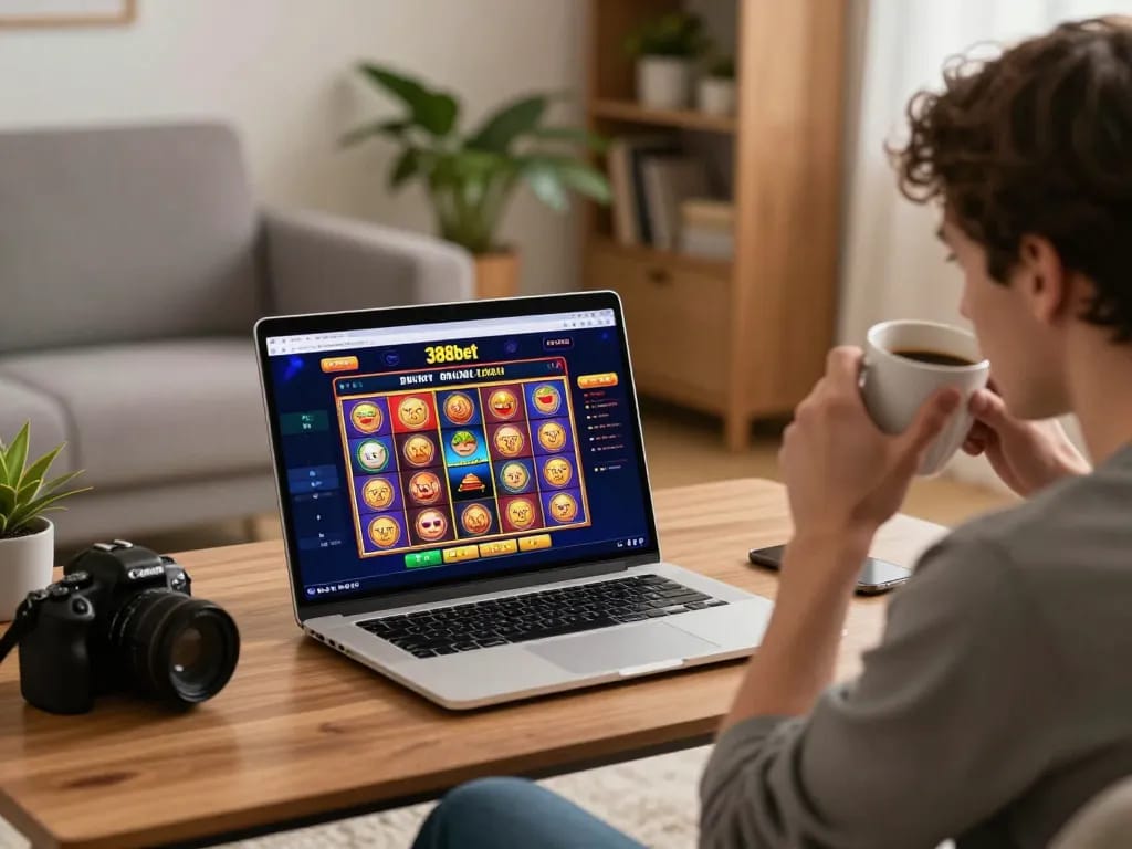 Engaging online gaming at home with 388bet casino on laptop screen, showcasing strategic play.