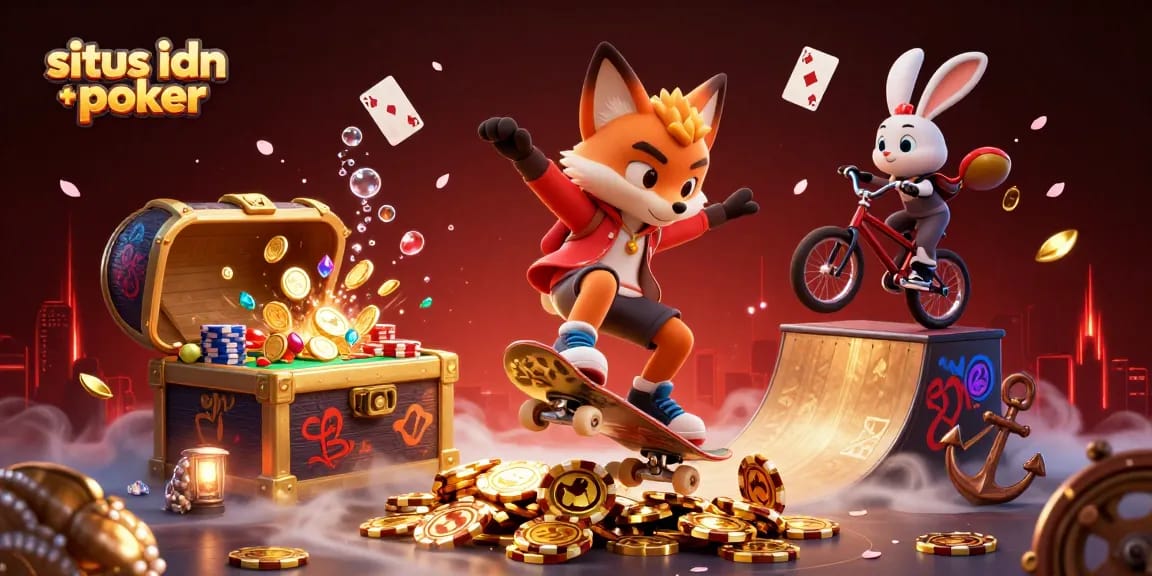Engage in situs idn poker with vibrant characters on golden poker chips amidst casino-themed action.