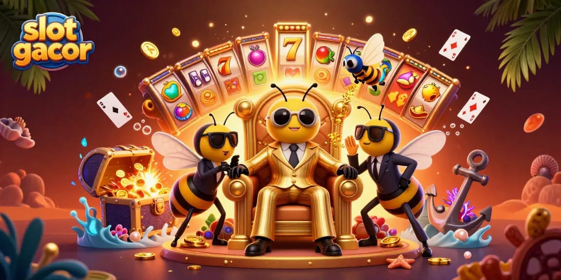 Experience the excitement of slot gacor with a vibrant casino scene featuring characters interacting amidst colorful game elements.