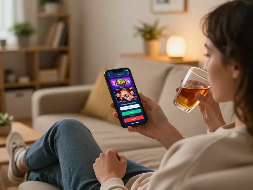 Experience casino senza registrazione as a player engages online gaming on a smartphone in a cozy home setting.