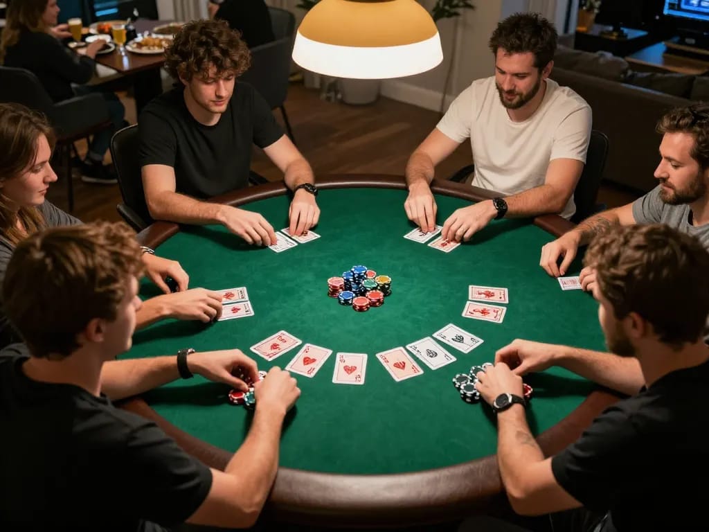 Suasana malam permainan poker yang seru dengan teman-teman menunjukkan permainan strategis di platform website resmi
