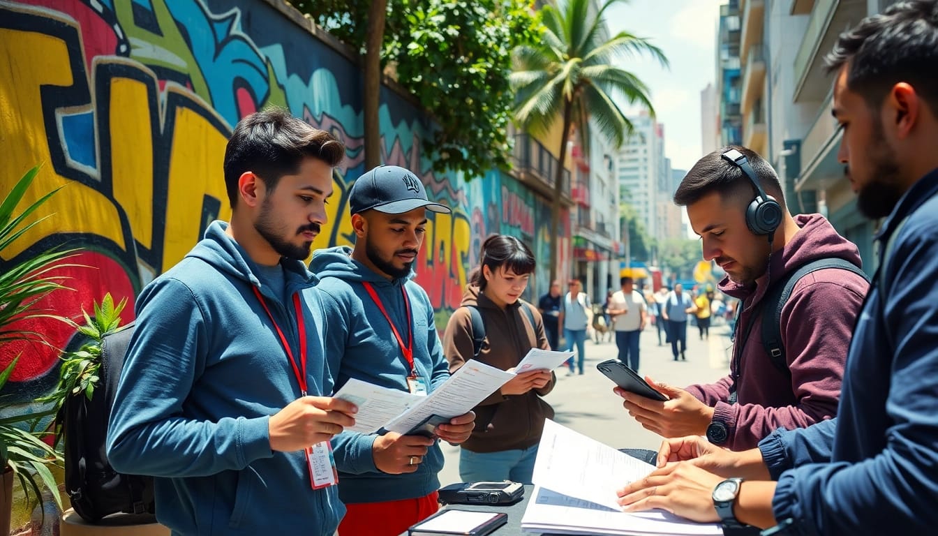 Discover dynamic sports betting enthusiasts reviewing best sportsbooks in Brazil amid a lively city backdrop.
