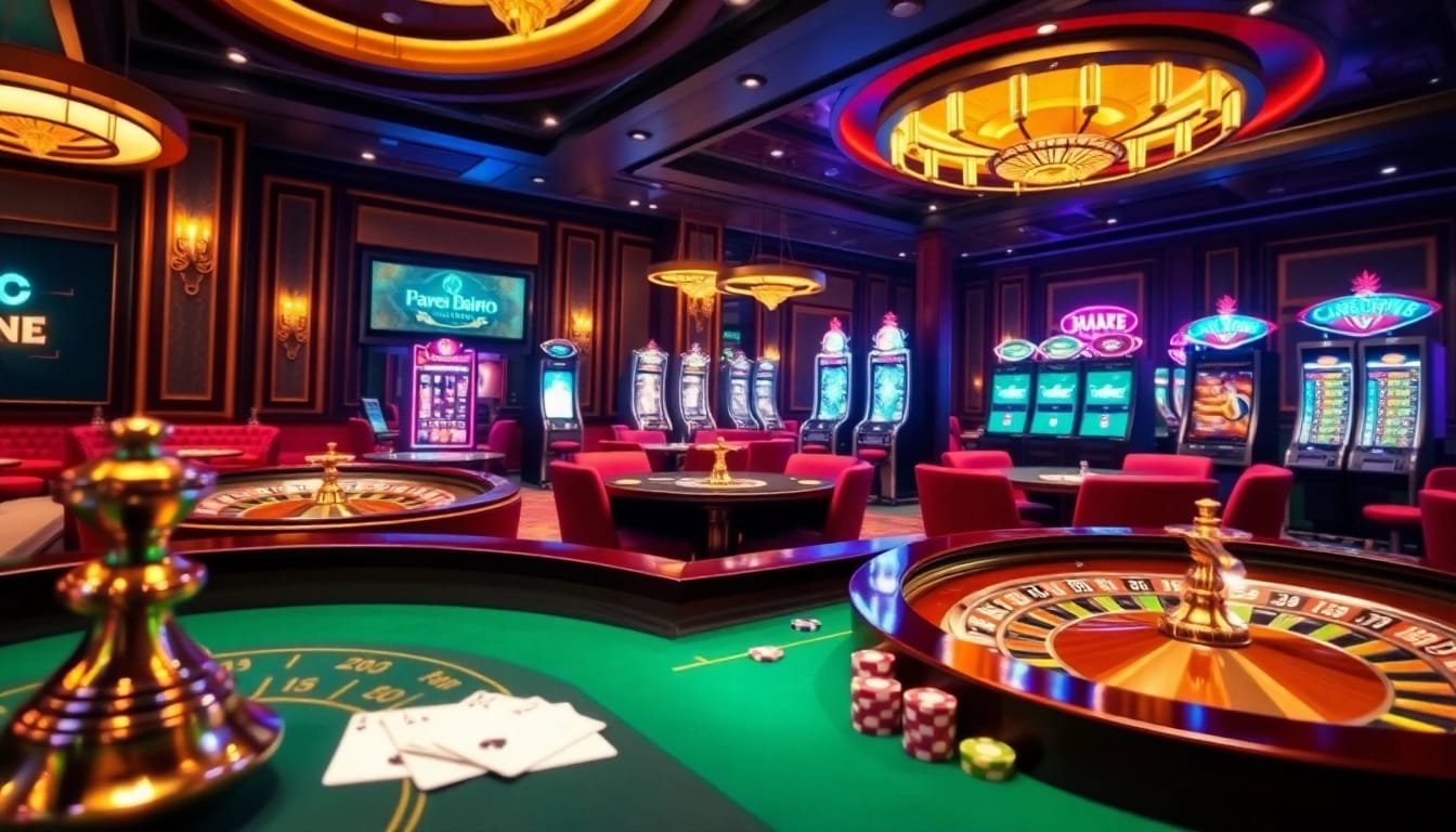 Une scène palpitante de casino en ligne Français 2026 illustrant des roues de roulette vibrantes et des tables de poker luxueuses.