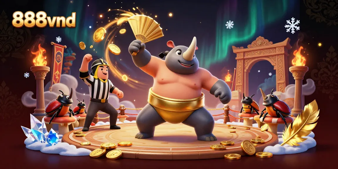 Experience thrilling gameplay with 888vnd's vibrant 3D illustration of a sumo beetle and cricket referee.