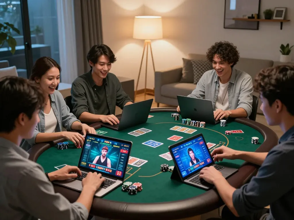 Online casinos in Canada reddit players strategizing during an intense blackjack game using laptops at home.