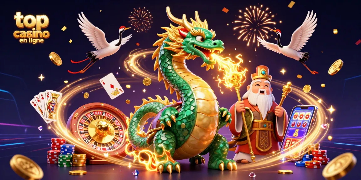Illustration montrant le meilleur casino en ligne avec un dragon émeraude et des gains en or.