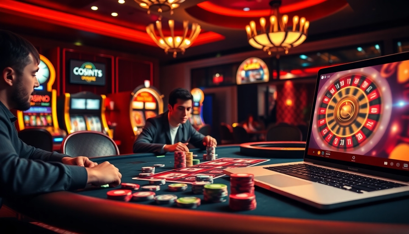 Une scène de poker à enjeux élevés démontrant l'excitation des casinos en ligne France fiable avec des jetons vibrants et des machines à sous illuminées.
