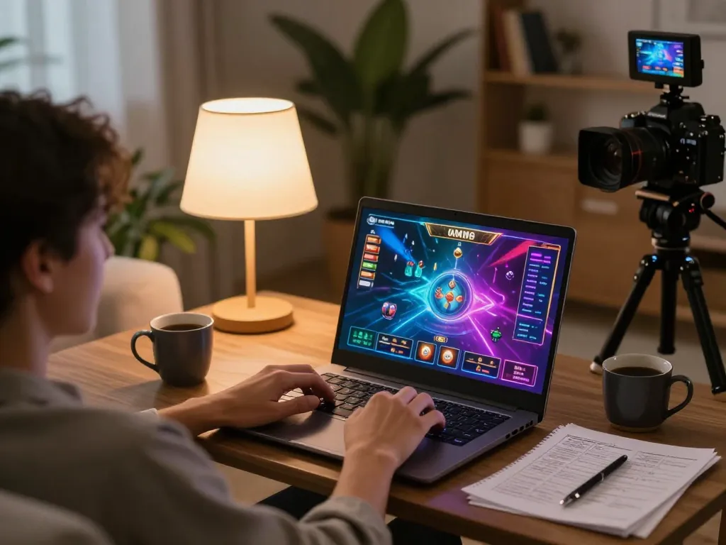 Engaged player enjoying online gambling on laptop in a cozy setting, highlighting 77WIN's gaming options.