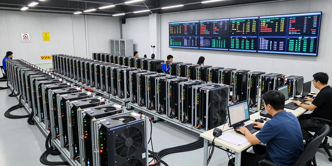 Advanced Bitcoin mining farm featuring high-performance mining rigs and real-time monitoring, showcasing cryptocurrency technology innovations.