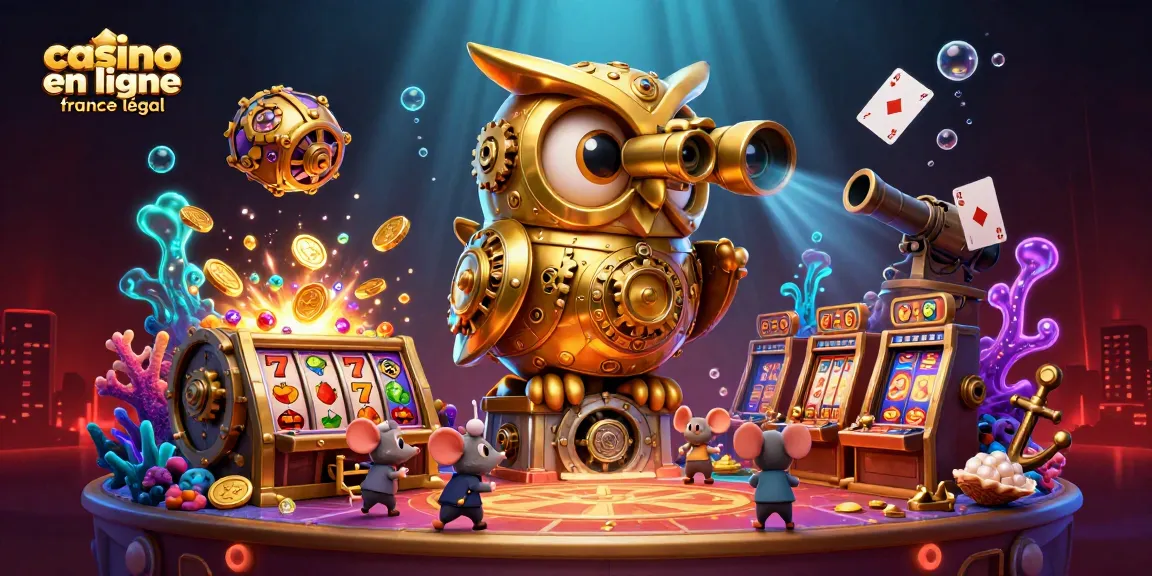 Visualisation d'un casino en ligne France légal avec une chouette dorée en 3D et des machines à sous dynamiques.