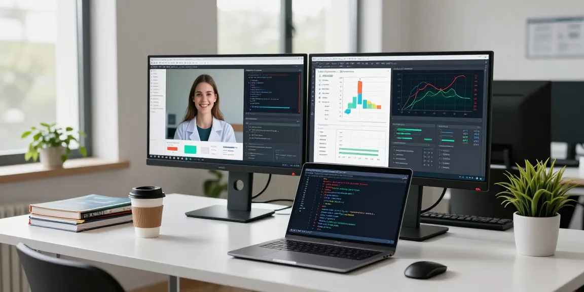 AI detector analysis scene in a modern tech workspace with dual monitors showcasing detection algorithms.