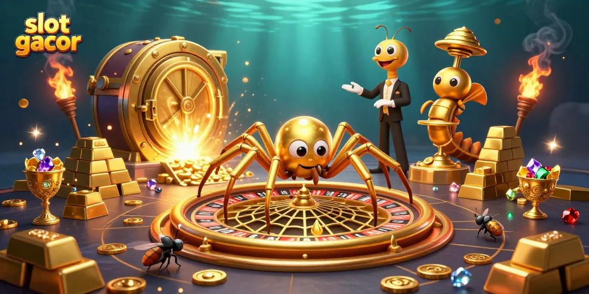 Experience slot gacor excitement with a golden spider and centipede croupier in a rich casino scene.