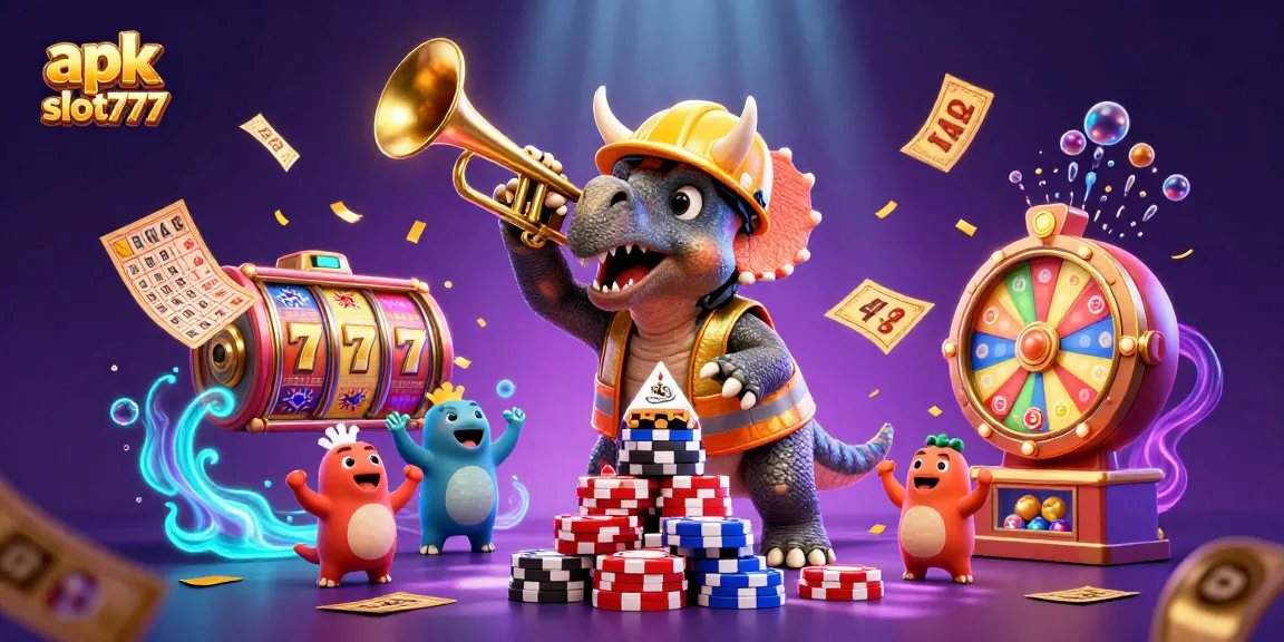 Engage with apk slot777 through dynamic slot reels and vibrant casino elements in a colorful 3D scene.