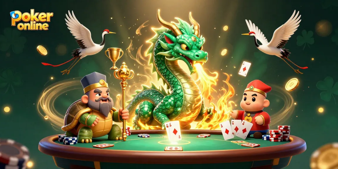 Experience poker online excitement with a 3D illustration featuring a jade dragon and poker elements in action.
