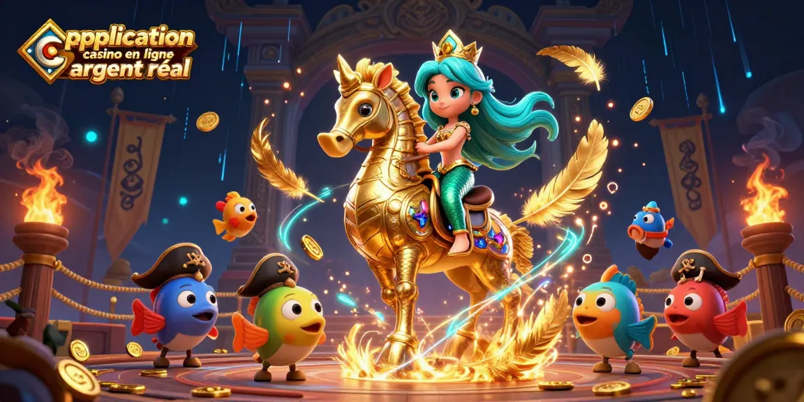 Application casino en ligne argent réel avec une illustration colorée de princesse et hippocampe dans un environnement de casino.