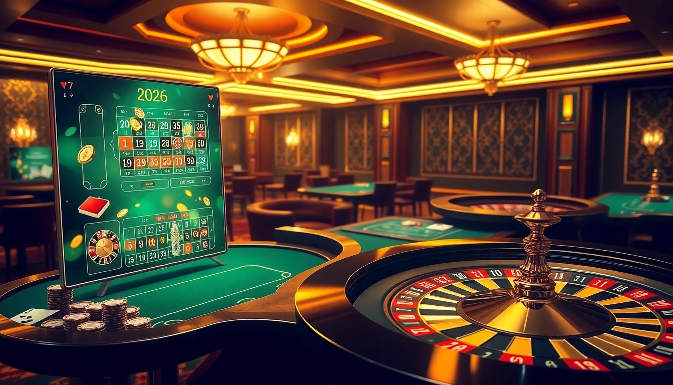 Scène engageante de casino en ligne Français 2026, mettant en valeur des jeux numériques et des tables de casino vibrantes.