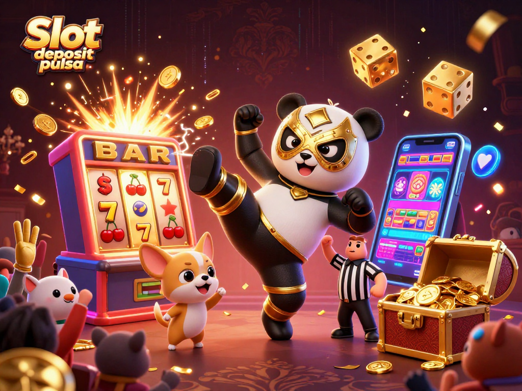 Slot deposit pulsa menghadirkan ilustrasi mengesankan dengan panda pegulat dan mesin slot yang meriah.