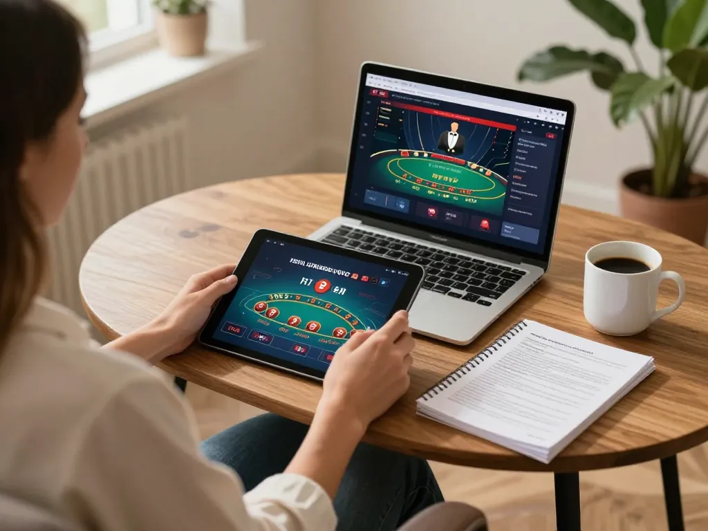 Player using 888top app for live blackjack on tablet in cozy home setting