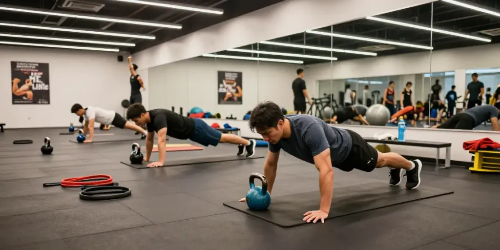 Athletic man performing HIIT burpees in a dynamic SwissChems fitness gym environment.