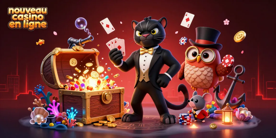 Illustration dynamique d'un nouveau casino en ligne avec une panthère, un hibou et une souris, réunis autour de jetons.