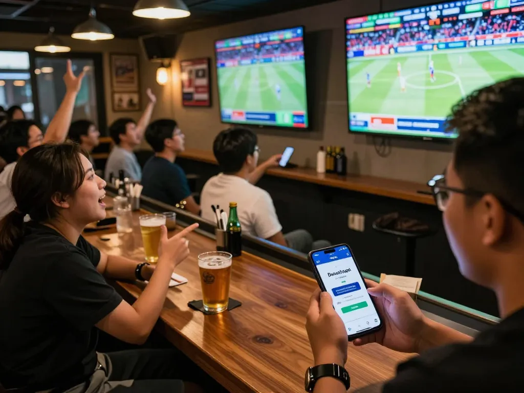 Betting enthusiasts using dewatogel login in a vibrant sports bar setting