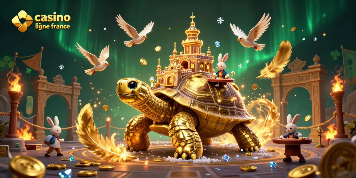 Casino en ligne France, jeu de cartes avec croupier sur une tortue géante illuminée entourée de pièces en or.