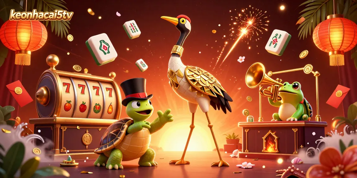 Experience the thrill of keonhacai5tv with a vibrant casino scene featuring lively characters and gambling elements.