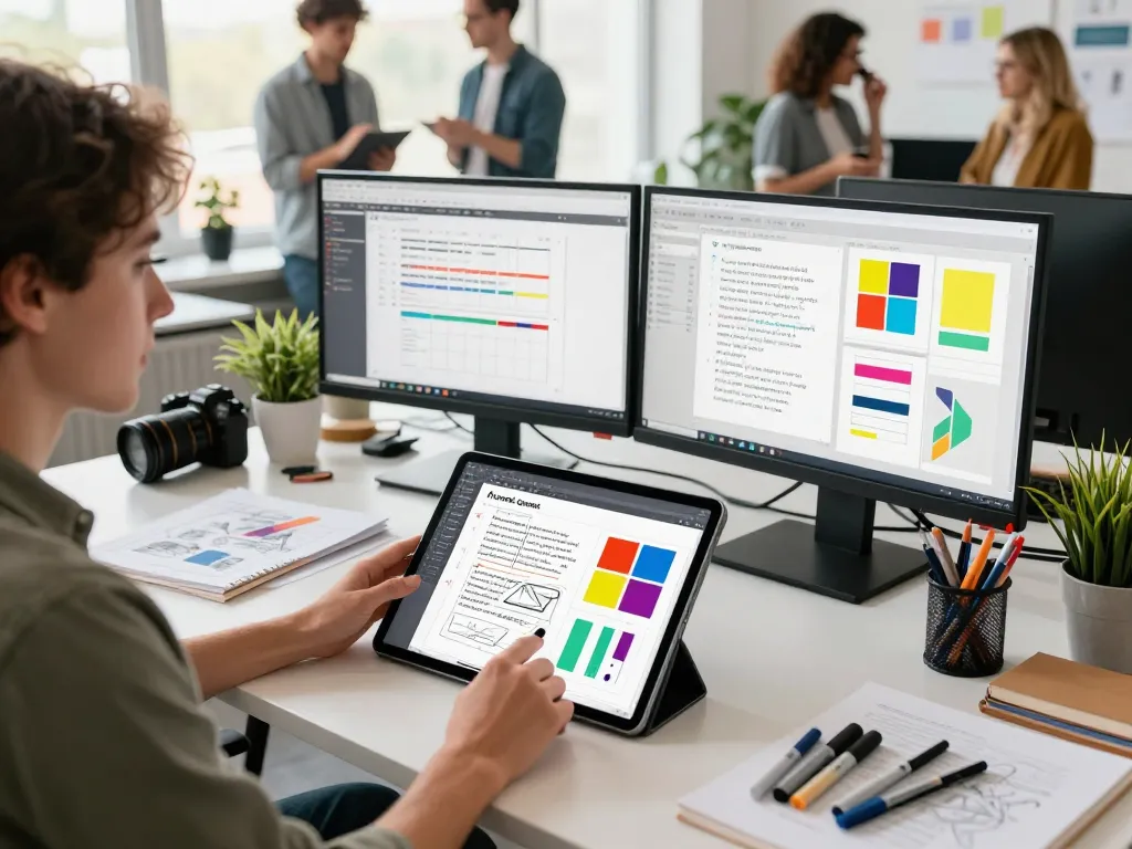 Creative designer using an image to prompt generator in a vibrant digital studio