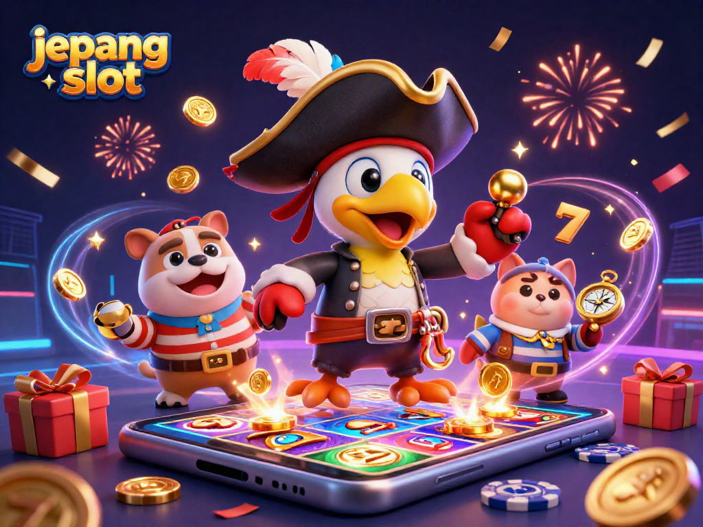Explore thrilling jepang slot adventures with a pirate and friends in a colorful casino scene.