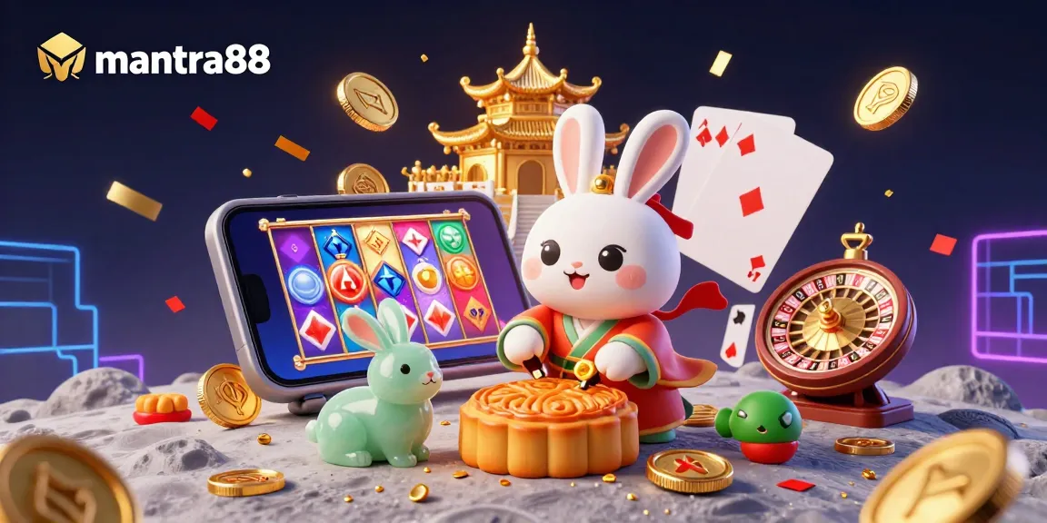 Win big with mantra88 as a moon rabbit reveals poker chips in this vibrant casino scene.