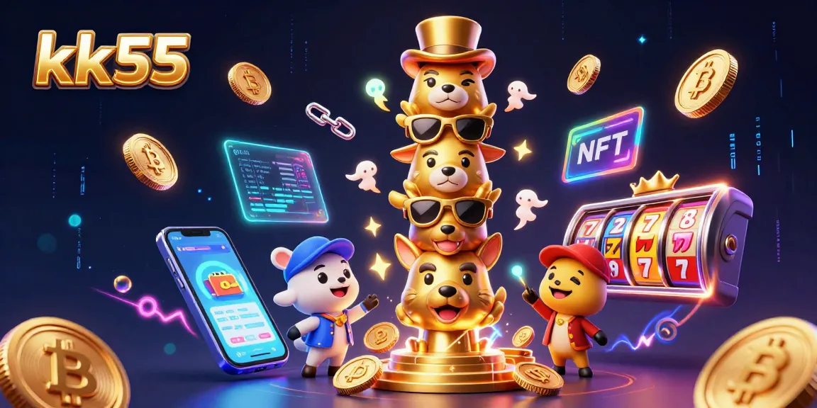 Spin the reels at kk55 with vibrant slot elements and digital crypto assets in this dynamic illustration.